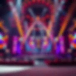 A vibrant Eurovision stage with dazzling lights and colorful decorations