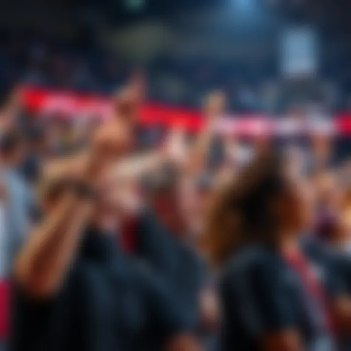 Passionate fans cheering for their local basketball team during a game.