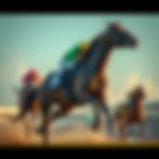 A powerful racehorse in full stride showcasing its athleticism