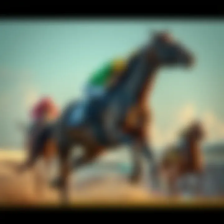 A powerful racehorse in full stride showcasing its athleticism