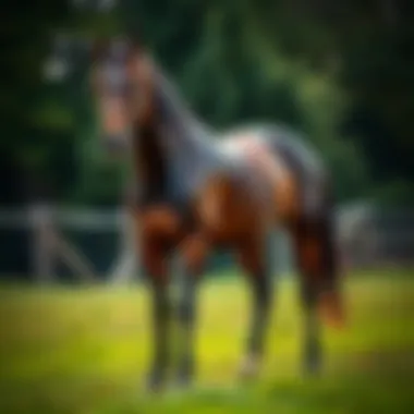 A thoroughbred horse standing majestically in a lush paddock